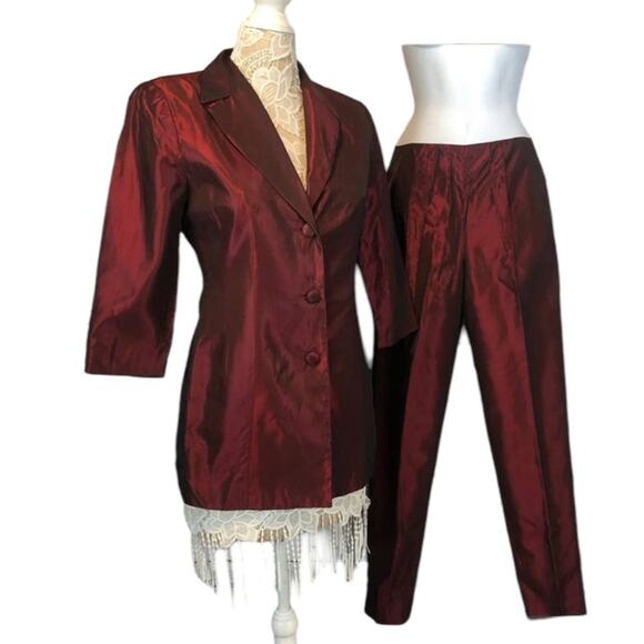 Vintage TRIO New York iridescent taffeta burgundy pants suit size 4 - Picture 1 of 12